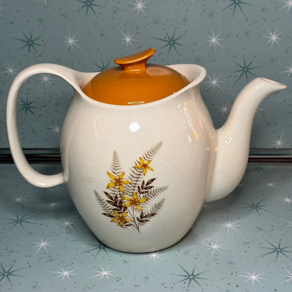 Vintage‎ Salem China Teapot Cream with Yellow Floral Design and Orange Lid